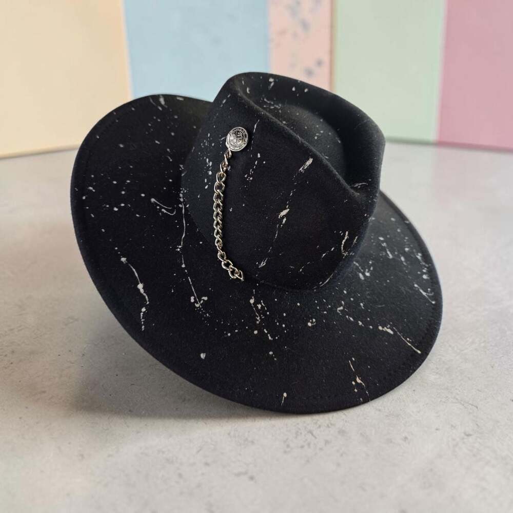Chic Revamp Black Paint Splatter Fedora Hat with Chain Detail